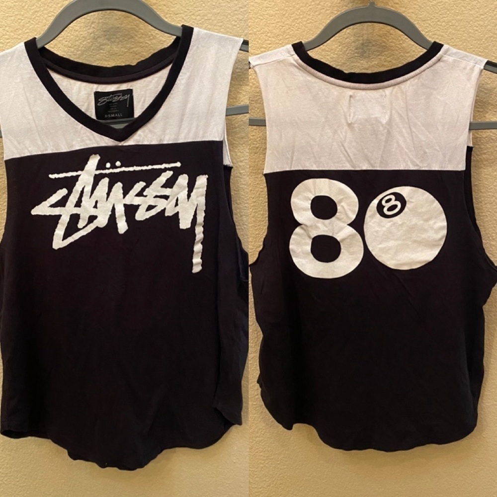 STUSSY Black and White Spell Out 8 Ball Tank Top Size XS